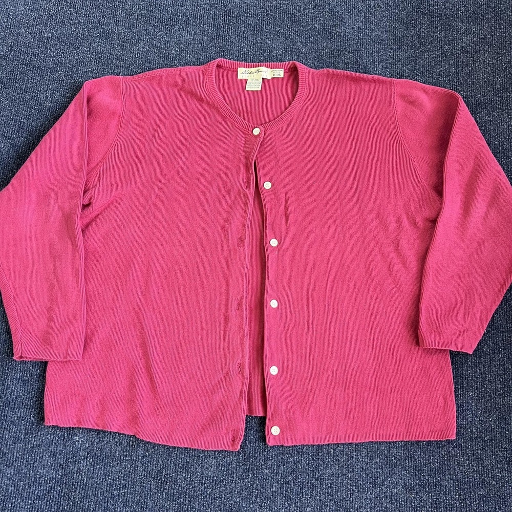 Vintage Eddie Bauer Cardigan Sweater Womens Petite XL‎ Pink Cotton Hong Kong